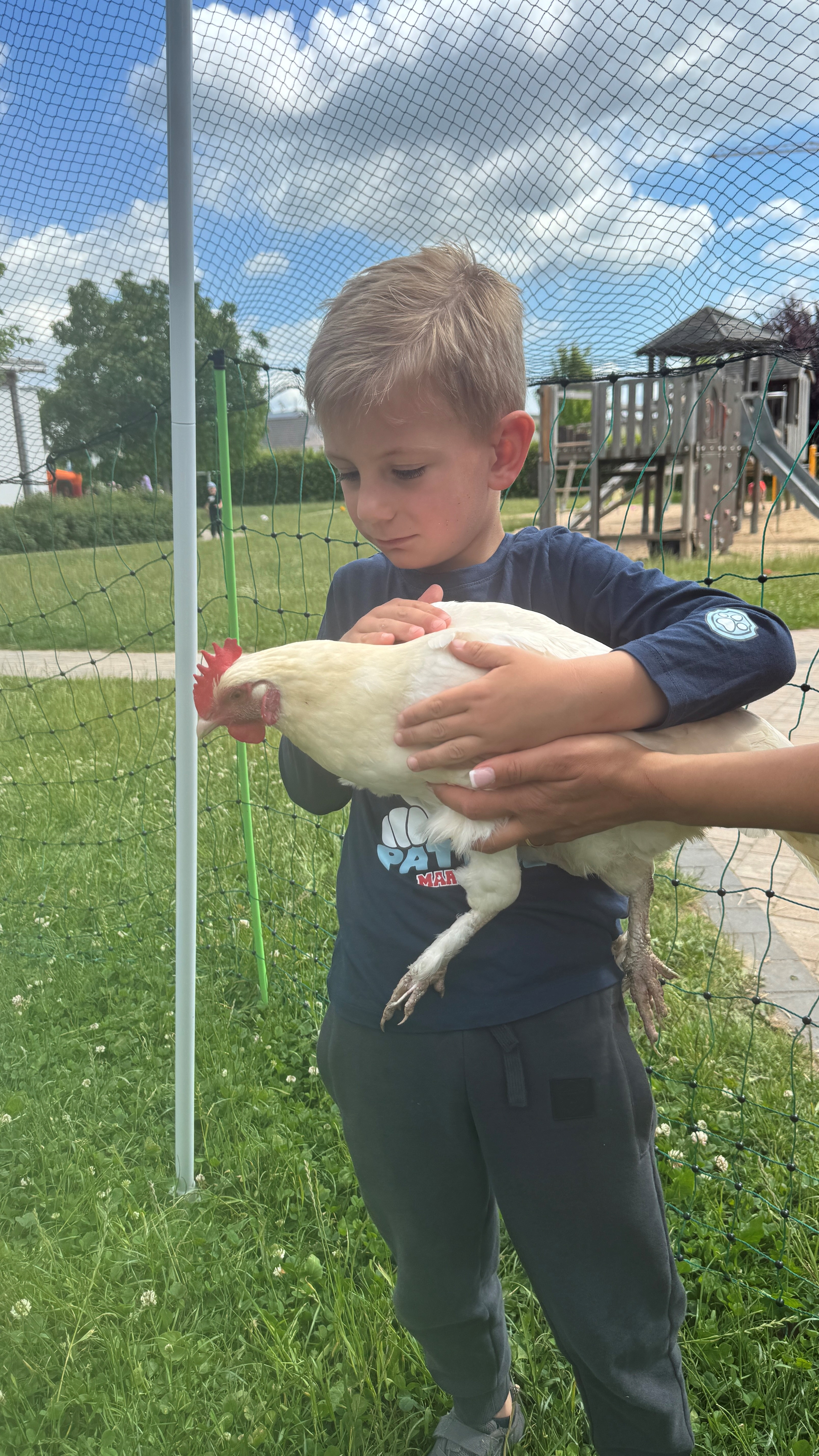 Junge mit Huhn auf dem Arm