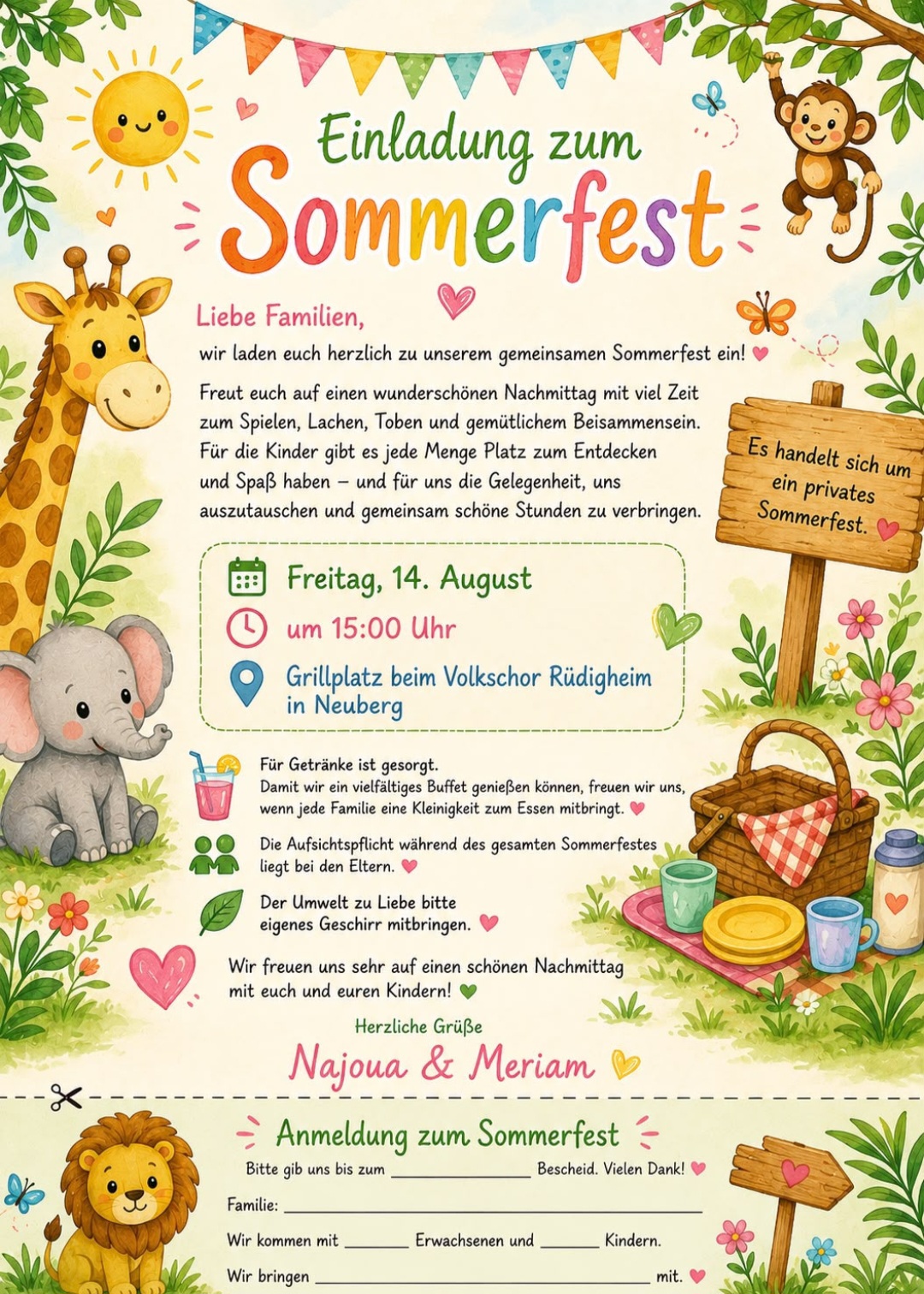 Zu sehen ist das Plakat für das Sommerfest der Kindertagespflege Neuberg am Freitag, 14. August 2026, um 15:00 Uhr.