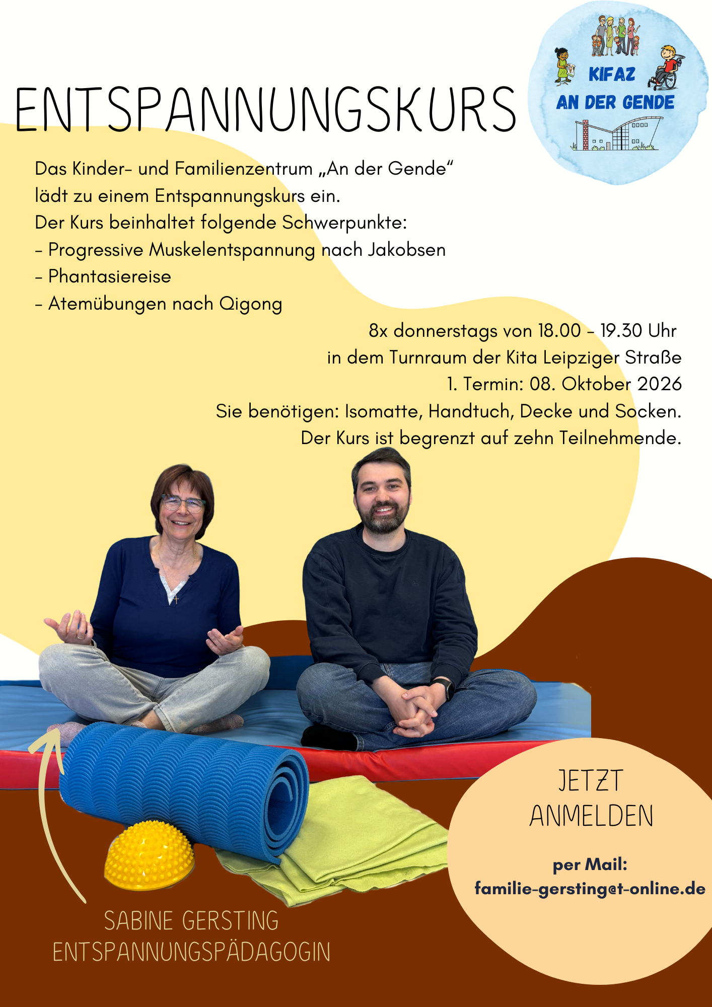Flyer des Entspannungskurses, worauf auch Herr Florian Gardlowski, Leitung des KiFaZ und Frau Sabine Gersting, Entspannungspädagogin, zu sehen sind.