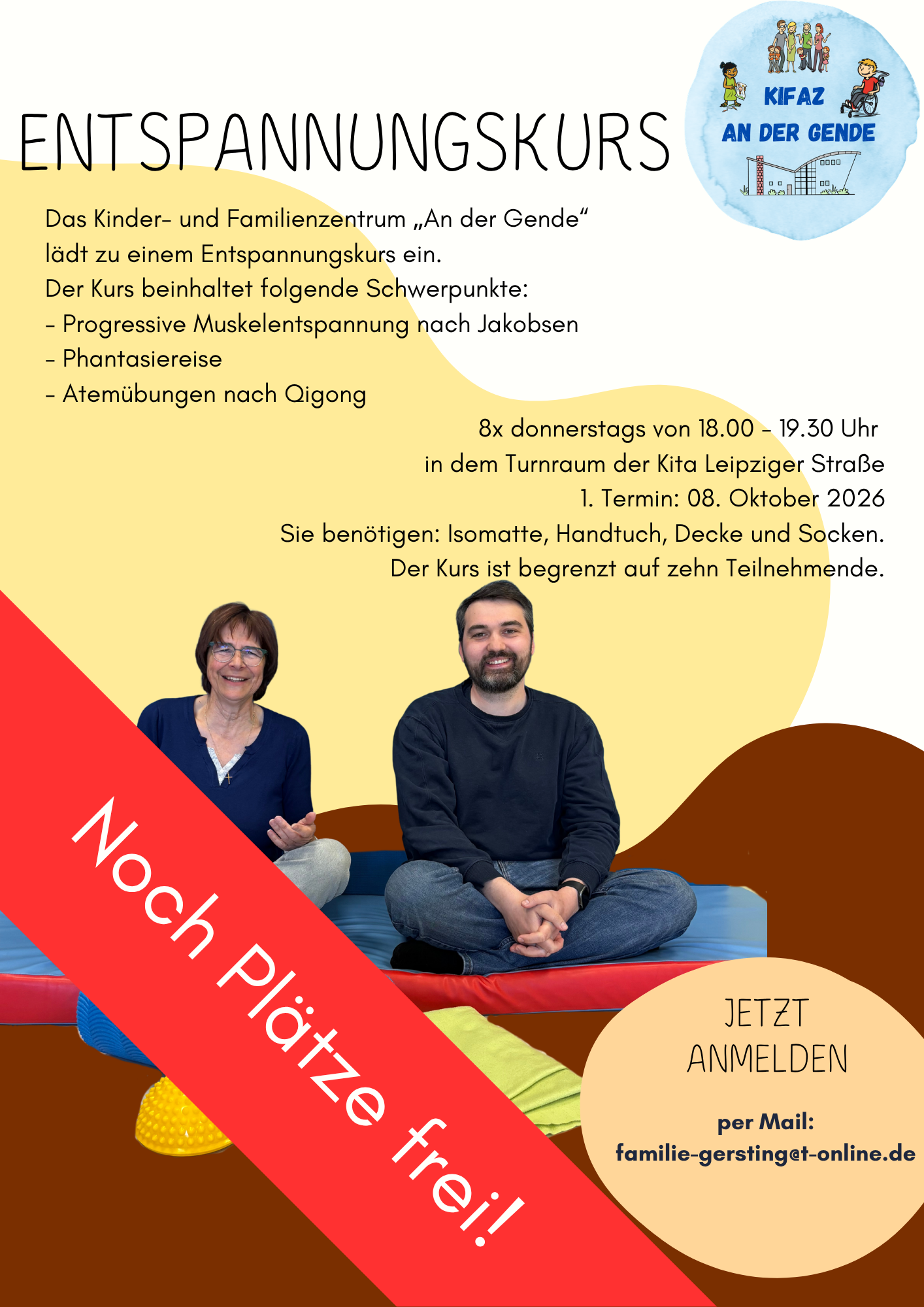 Flyer Entspannungskurs im KiFaZ An der Gende. Zu sehen sind Kitaleitung Florian Gardlowski und Frau Sabine Gersting, Entspannungspädagogin. Es sind noch Plätze frei