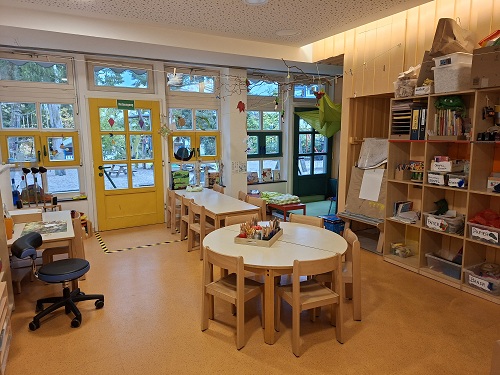 Kreativraum der Evangelischen Kita Anderland. In der Mitte stehen Tische mit verschiedenen Bastelmaterialien wie Stifte und Pinsel. Auf der rechten und linken Seite sind Regale voller Bastelmaterialien aufgestellt. Viele kleine Fenster und die gelbe Aussentuer fuehren zum Aussengelaende. Im Raum sind verschiedene Bilder und gebastelte Figuren zu sehen.