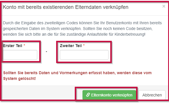 Konto mit bereits existierenden Elterndaten verknüpfen