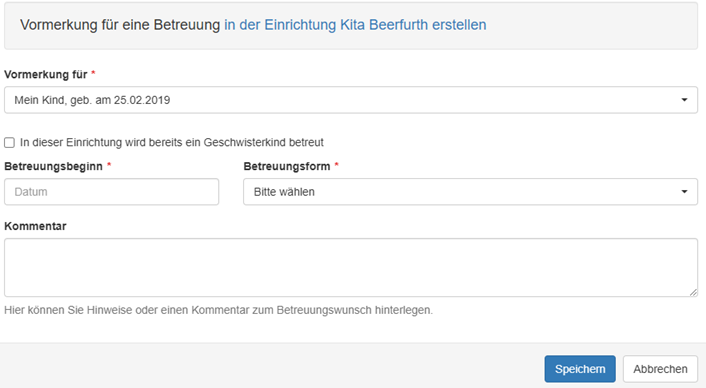 Vormerkung erstellen Dialog