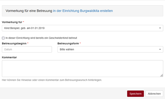 Vormerkung erstellen - Formular