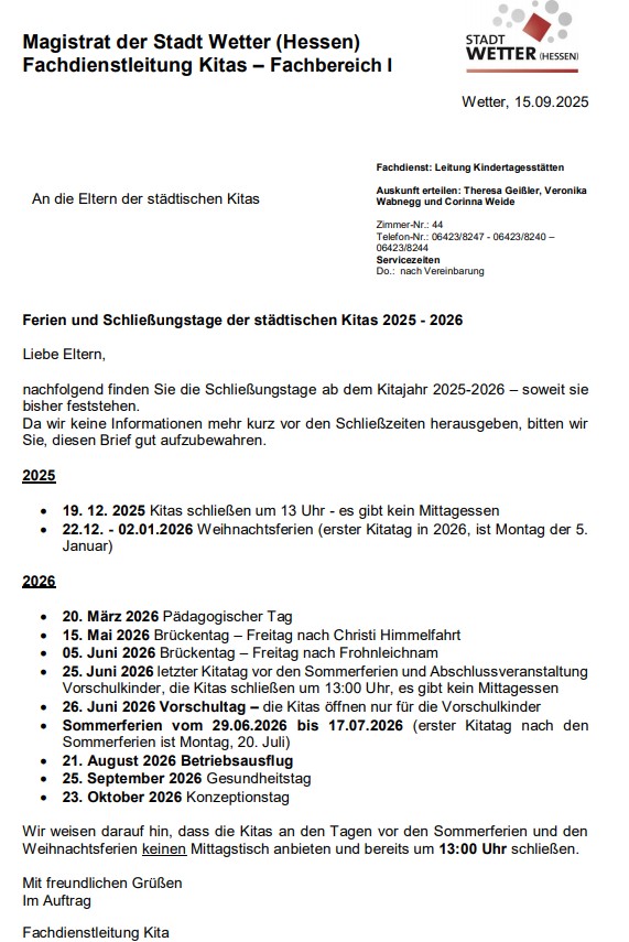 Schließungstagebrief Kitas