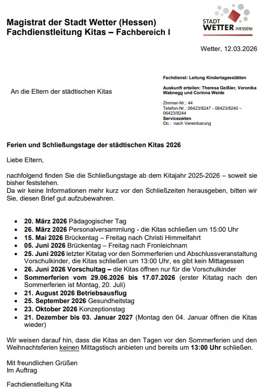 Schließungstagebrief 2026